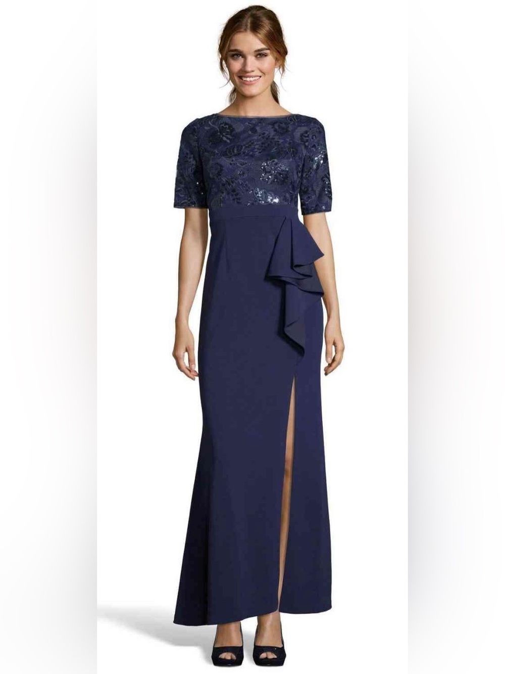 Adrianna Papell Navy Sequin Bodice Evening Gown with Side Ruffle